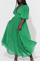 グリーン カジュアル ソリッド パッチワーク Vネック ロングドレス ドレス
