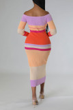 Roze casual gestreepte print patchwork off-shoulder eenstaps rokjurken