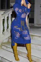 Blauwe sexy effen uitgeholde patchwork rechte jurken met capuchon en kraag