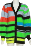 Green Casual Striped Patchwork V Neck Tops