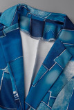Botões de patchwork estampa casual azul gola virada para trás manga longa duas peças