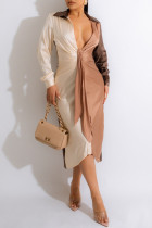 Brown Casual Solid Patchwork Contrast V Neck Long Sleeve Dresses