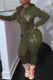 Green Sexy Print Patchwork Hooded Collar Long Sleeve Two Pieces