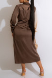 Коричневые повседневные сплошные лоскутные контрастные платья с длинным рукавом с V-образным вырезом