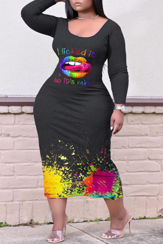 Black Casual Print O Neck Long Sleeve Plus Size Dresses