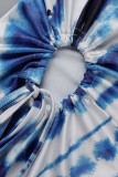 Blauwe Mode Casual Print Bandage Asymmetrische O-hals Plus Size Tops