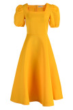 Gele mode casual effen patchwork jurken met vierkante kraag