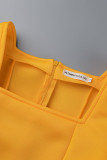 Vestidos casuais de gola quadrada de retalhos sólidos amarelos fashion