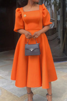 Vestidos casuais com gola quadrada de retalhos maciços laranja fashion
