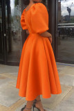 Vestidos casuais com gola quadrada de retalhos maciços laranja fashion