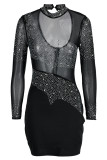 Black Sexy Patchwork Hot Drilling See-through Backless Turtleneck Long Sleeve Dresses