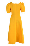 Vestidos casuais de gola quadrada de retalhos sólidos amarelos fashion