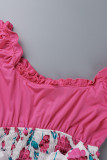 Pink Sweet Print Patchwork Fold U-Ausschnitt A-Linie Kleider
