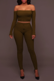 Army Green Sexy Solid Patchwork Long Sleeve Two Pieces Off the Shoulder Crop Tops And Pants Sets