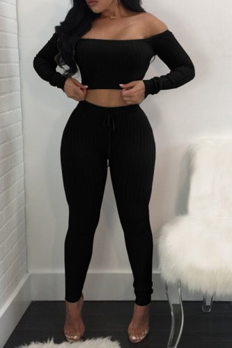 Black Sexy Solid Patchwork Long Sleeve Two Pieces Off the Shoulder Crop Tops And Pants Sets