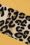Vestido Laranja Moda Casual Estampado Leopardo Patchwork Decote V Manga Curta