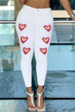 Weiße, lässig bedruckte Patchwork-Jeans mit hoher Taille