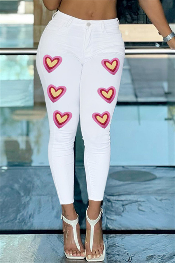 Jeans skinny branco casual estampado patchwork cintura alta