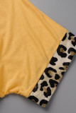 Vestido amarelo moda casual estampa leopardo patchwork decote em v manga curta