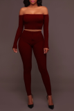 Coffee Sexy Solid Patchwork Long Sleeve Two Pieces Off the Shoulder Crop Tops And Pants Sets