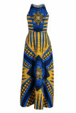 Yellow Blue Fashion Vintage Print Patchwork O Neck Sleeveless Dress
