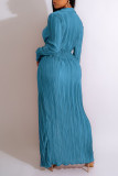 Hemelsblauwe sexy effen patchwork spleet vouw V-hals rechte jurken