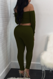 Army Green Sexy Solid Patchwork Long Sleeve Two Pieces Off the Shoulder Crop Tops And Pants Sets