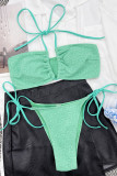 Green Sexy Solid Hollowed Out Patchwork Backless Swimwears (With Paddings)