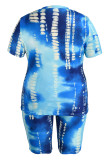 Blue Fashion Casual Print Tie Dye Patchwork V-hals Plus Size Two Pieces