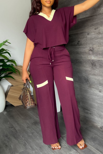 Purple Casual Solid Patchwork V Neck Short Sleeve Two Pieces