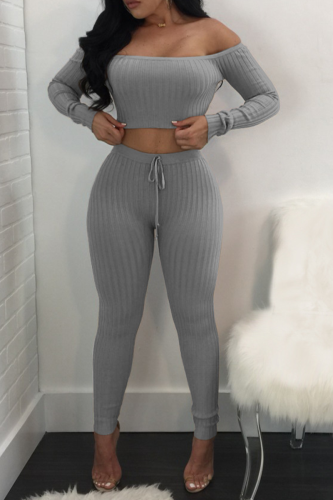 Grey Sexy Solid Patchwork Long Sleeve Two Pieces Off the Shoulder Crop Tops And Pants Sets