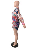 Multicolor Casual Print Vik turndown-krage långärmade klänningar