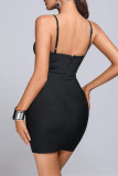 黒のセクシーなパッチワーク バックレス スパゲッティ ストラップ ノースリーブ ドレス ドレス