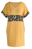 Yellow Fashion Casual Print Leopard Patchwork V Neck Short Sleeve Dress