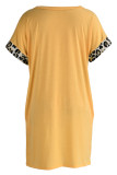 Gult Mode Casual Print Leopard Patchwork V-ringad kortärmad klänning