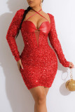Красные сексуальные сплошные блестки лоскутное платье-юбка-карандаш с лямкой на шее