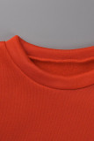 Tangerine Red Casual Solid Embroidered Patchwork O Neck Long Sleeve Two Pieces