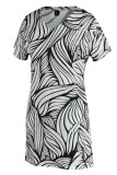 Ljusgul Mode Casual Print Patchwork V-ringad kortärmad klänning