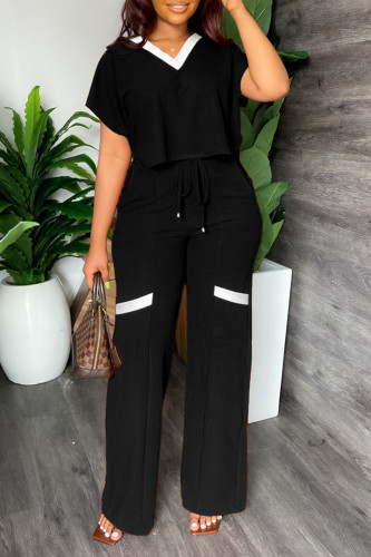Black Casual Solid Patchwork V Neck Short Sleeve Two Pieces