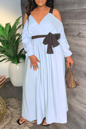 Light Blue Casual Sweet Solid Bandage Patchwork V Neck Straight Dresses