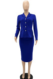 Blue Casual Work Solid Patchwork Buttons Turn-back Collar Long Sleeve Two Pieces