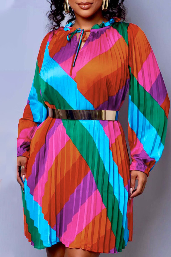 Vestidos retos com estampa casual colorida patchwork frênulo com decote em v (sem cinto)