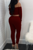 Burgundy Sexy Solid Patchwork Long Sleeve Two Pieces Off the Shoulder Crop Tops And Pants Sets