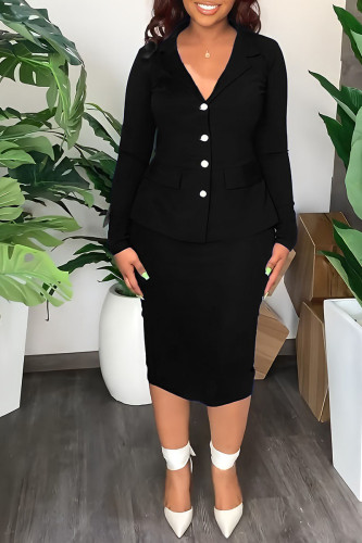 Black Casual Work Solid Patchwork Buttons Turn-back Collar Long Sleeve Two Pieces