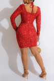 Red Sexy Solid Sequins Patchwork Halter Pencil Skirt Dresses