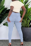 Babyblauwe casual gescheurde skinny jeans met hoge taille en print