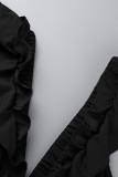 Schwarzes, modisches, lässiges, festes, ärmelloses Patchwork-Kleid mit V-Ausschnitt