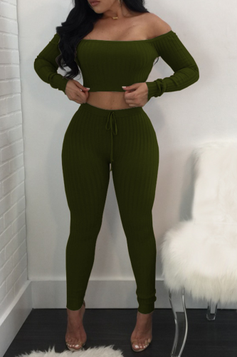 Army Green Sexy Solid Patchwork Long Sleeve Two Pieces Off the Shoulder Crop Tops And Pants Sets