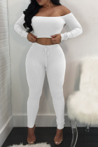 White Sexy Solid Patchwork Long Sleeve Two Pieces Off the Shoulder Crop Tops And Pants Sets