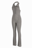 Beige Sexy Casual Solid Backless Fold Umlegekragen Skinny Jumpsuits